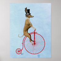 Greyhound auf Red Penny Farthing Bike