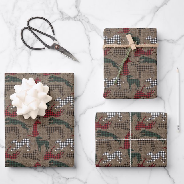 Greyhound Christmas Kariert Burlap Wrapping Paper Geschenkpapier Set (Vorderseite)
