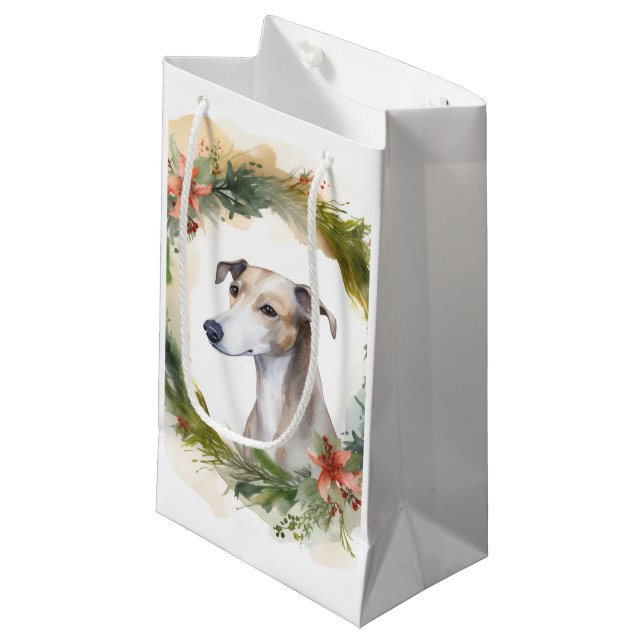 Greyhound Christmas Wreath Festive Pup Kleine Geschenktüte (Vorderseite Schrägansicht)
