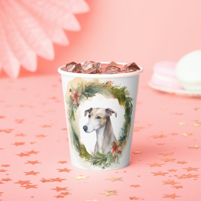 Greyhound Christmas Wreath Festive Pup Pappbecher (Insitu)