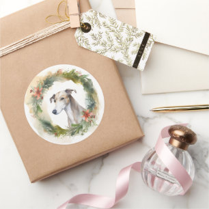 Greyhound Christmas Wreath Festive Pup Runder Aufkleber