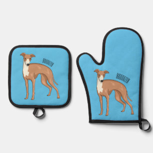 Greyhound dog cartoon illustration ofenhandschuh & Topflappen-Set