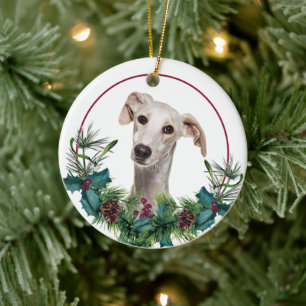 Greyhound Dog Evergreen Berry Wreath Keramik Ornament