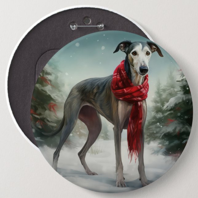 Greyhound Dog in Schneehocht Button (Vorne & Hinten)
