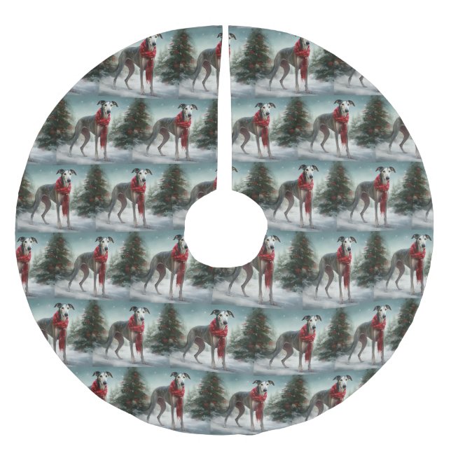 Greyhound Dog in Schneehocht Polyester Weihnachtsbaumdecke (Vorderseite)
