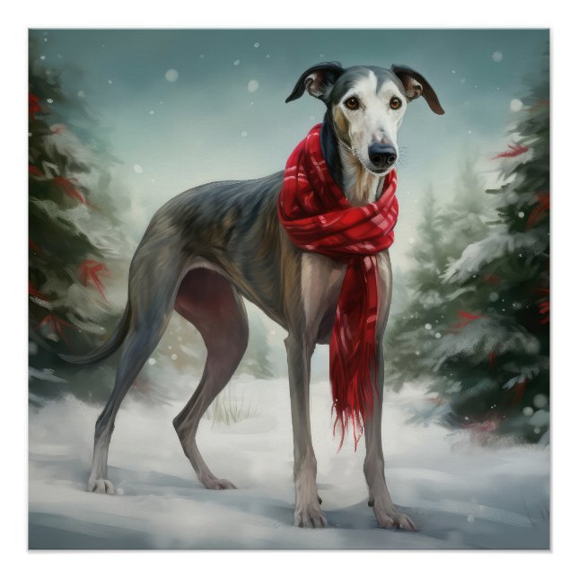 Greyhound Dog in Schneehocht Poster (Vorderseite)