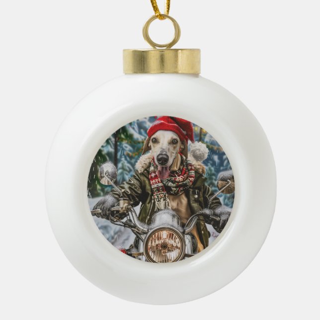 Greyhound Dog Riding Motorrad Weihnachten Keramik Kugel-Ornament (Vorderseite)