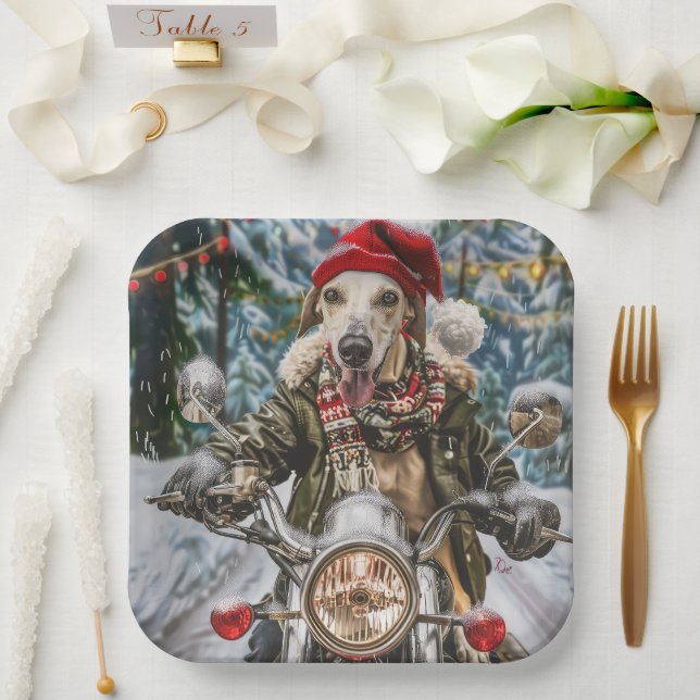 Greyhound Dog Riding Motorrad Weihnachten Pappteller (Hochzeit)