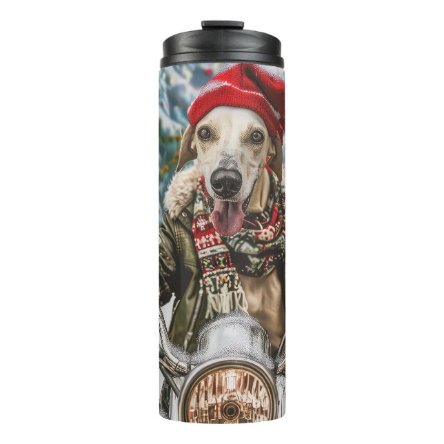 Greyhound Dog Riding Motorrad Weihnachten Thermosbecher (Vorderseite)