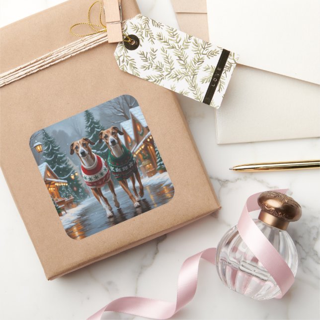 Greyhound Dogs Christmas Snow Holiday Quadratischer Aufkleber (Schenken)