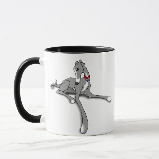 Greyhound Hund mit Pewter und White Tuxedo Tasse (Links)