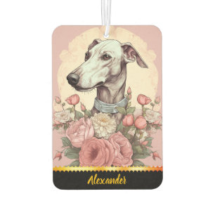 Greyhound inmitten blühender Rose des Frühlings Autolufterfrischer