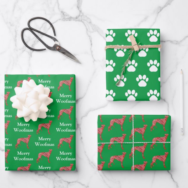 Greyhound Lurcher Dog Silhouette Grn Merry Woofmas Geschenkpapier Set (Vorderseite)