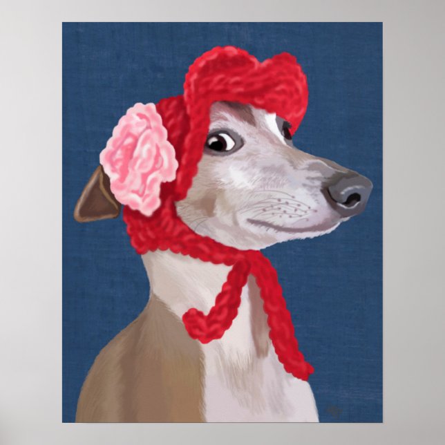 Greyhound mit Red Wooly Hat Poster (Vorne)