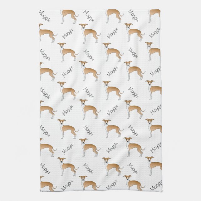 Greyhound-Muster von Fauna und Weiß mit Namen Geschirrtuch (Vertikal)