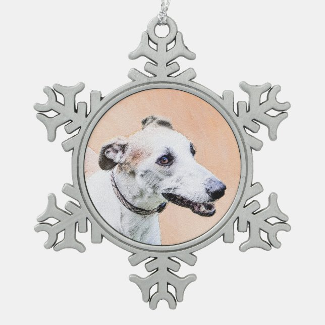 Greyhound Painting - Niedliche Original Hunde Kuns Schneeflocken Zinn-Ornament (Vorderseite)
