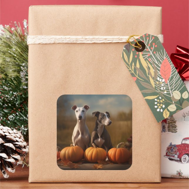 Greyhound Puppy Autumn Delight Pumpkin Quadratischer Aufkleber (Feiertag)