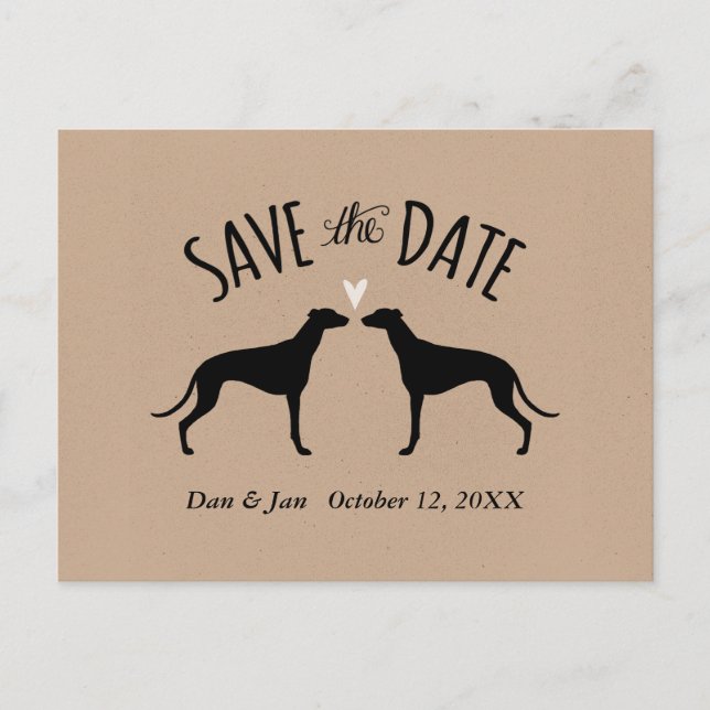 Greyhound-Silhouetten Hochzeitssache Datum speiche Ankündigungspostkarte (Vorderseite)