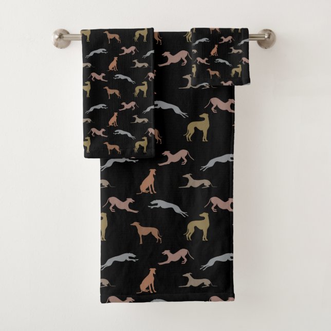 Greyhound-Silhouetten Metallic Shades auf Black Badhandtuch Set (Insitu)