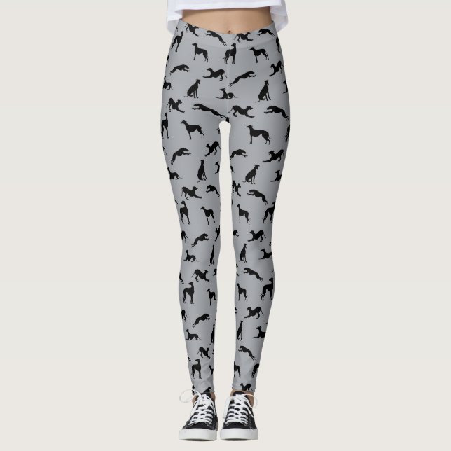 Greyhound Silhouetten Schwarz auf Grau Leggings (Vorderseite)