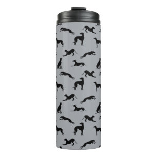 Greyhound Silhouetten Schwarz auf Grau Thermosbecher