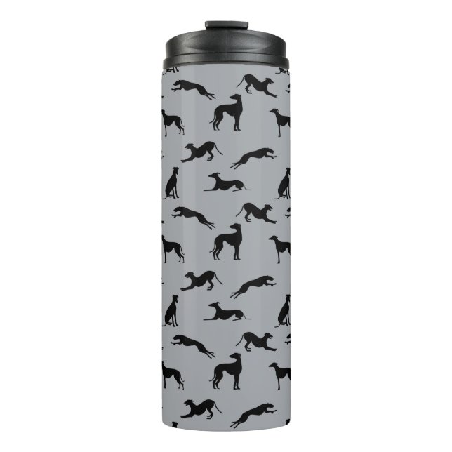 Greyhound Silhouetten Schwarz auf Grau Thermosbecher (Vorderseite)