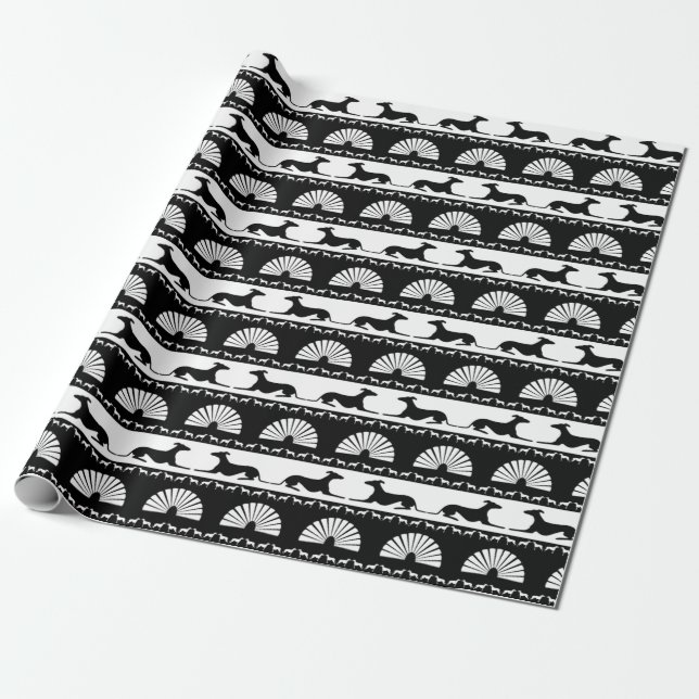 Greyhound Silhouetten Schwarz-weiß Art Deco Fan Geschenkpapier (Ungerollt)