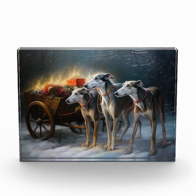 Greyhound Snowy Sleigh Weihnachtsdekor Fotoblock (Vorderseite)