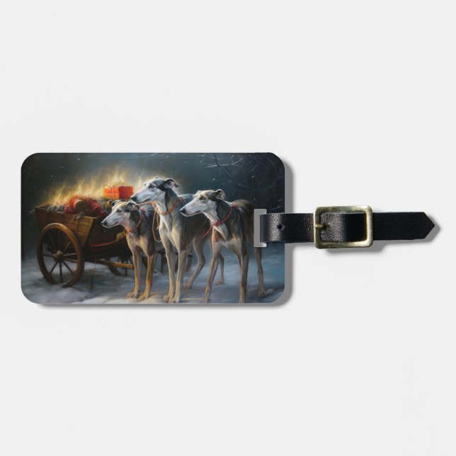 Greyhound Snowy Sleigh Weihnachtsdekor Gepäckanhänger (Vorderseite horizontal)