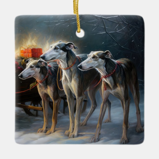 Greyhound Snowy Sleigh Weihnachtsdekor Keramikornament (Vorderseite)