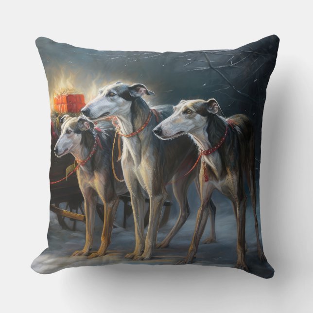 Greyhound Snowy Sleigh Weihnachtsdekor Kissen (Vorderseite)