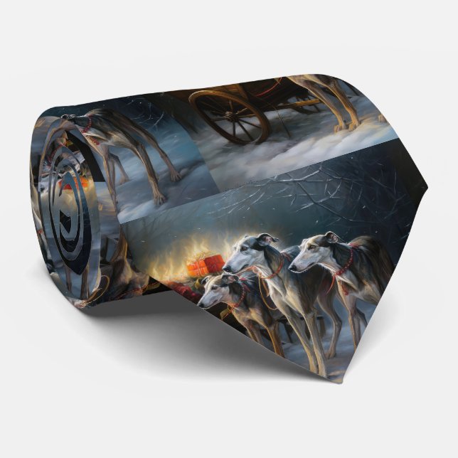 Greyhound Snowy Sleigh Weihnachtsdekor Krawatte (Gerollt)