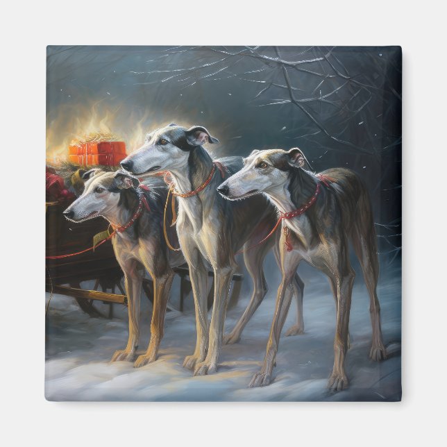 Greyhound Snowy Sleigh Weihnachtsdekor Magnet (Vorne)