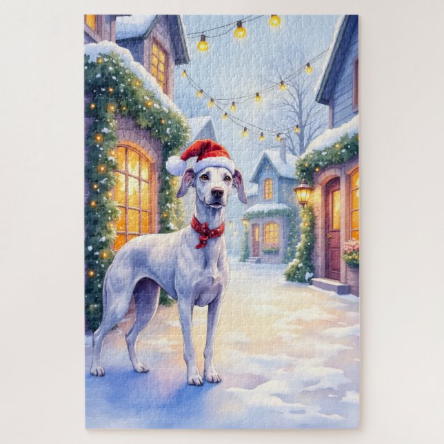 Greyhound Snowy Village Santa Hat Christmas Art (Vertikal)