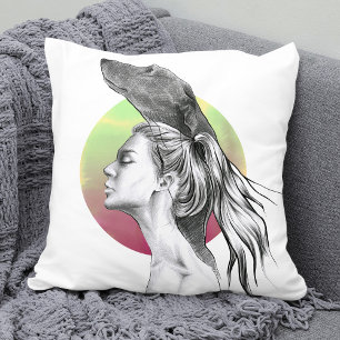 Greyhound und Woman Portrait Dog Lover Elegante Ku Kissen