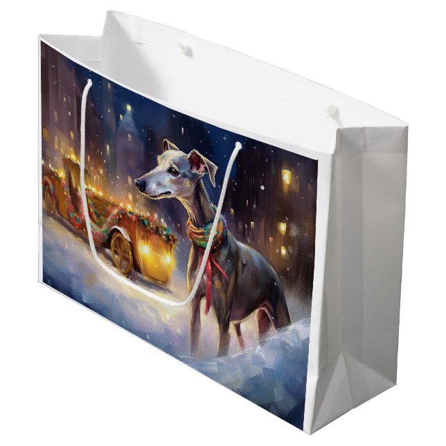 Greyhound Weihnachtsfeiertag Große Geschenktüte (Vorderseite Schrägansicht)