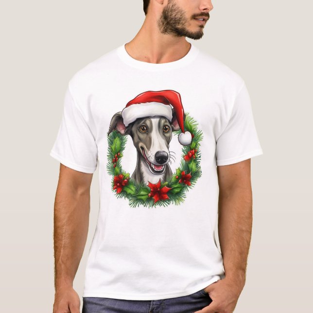 Greyhound Weihnachtskranz T-Shirt (Vorderseite)