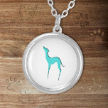 Greyhound Whippet-Hund türkisblaue Silhouette Versilberte Kette<br><div class="desc">Stilvolle und elegante Halskette mit minimalistischer italienischer Greyhound / Whippet Silhouette in türkisblau. Niedliche und hübsche Geschenke für Hundemutter, Hochzeitsbesitzer und alle, die Igien, Peitschen und Sehenswürdigkeiten Lieben. ・ Sie können es anpassen - Hintergrundefarbe bearbeiten, Bild verschieben/verkleinern, Text oder Namen hinzufügen und mehr! ・ Für mehr Hundefreunde Kunst und Designs...</div>