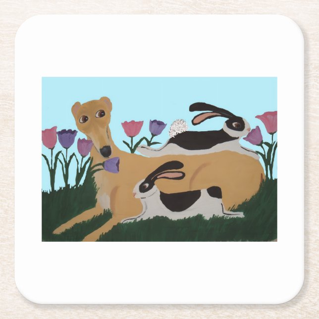 Greyhound with bunnies rechteckiger pappuntersetzer (Vorderseite)