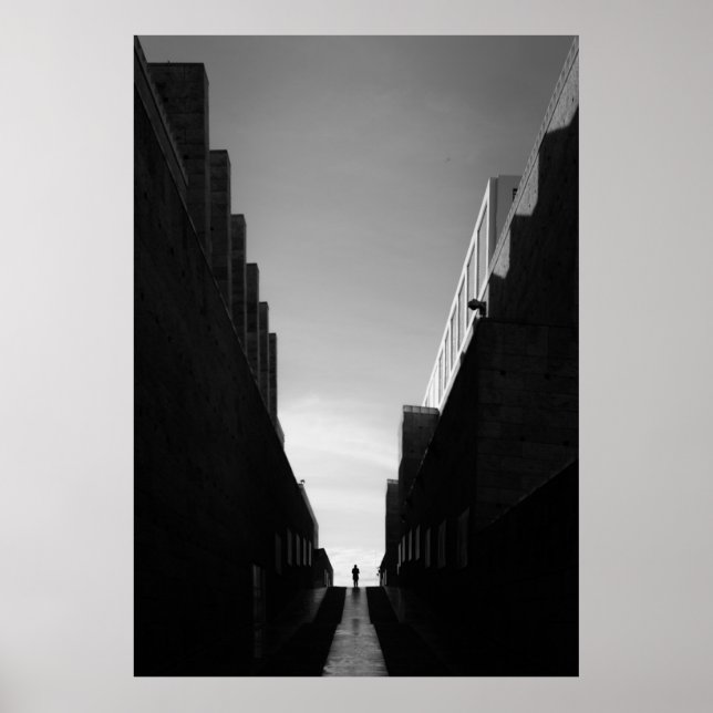 GREYSCALE PHOTO OF PATHWAY BETWEEN BUILDINGS POSTER (Vorne)