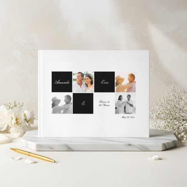 Grid Foto Collage Black zum Hochzeitstag Gästebuch (Wedding Anniversary Grid Photo Collage Black Guest Book)