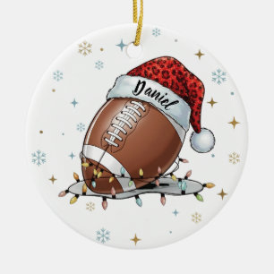 Gridiron Glow: Football mit Santa-Hut Keramik Ornament