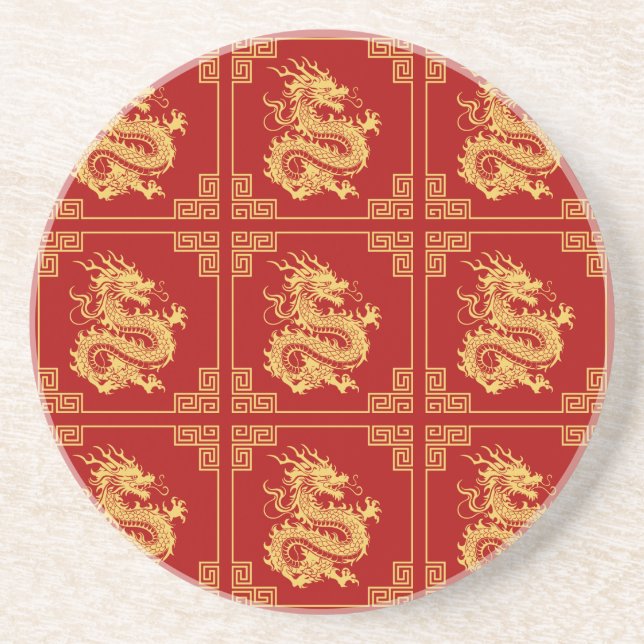 Grieche Rahmen Gold Dragon Muster Rot Getränkeuntersetzer (Vorne)