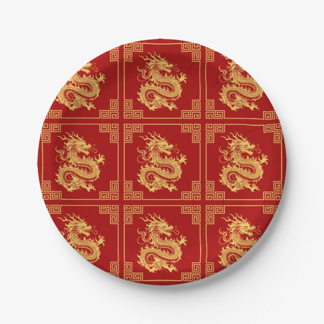 Grieche Rahmen Gold Dragon Muster Rot Pappteller (Vorderseite)
