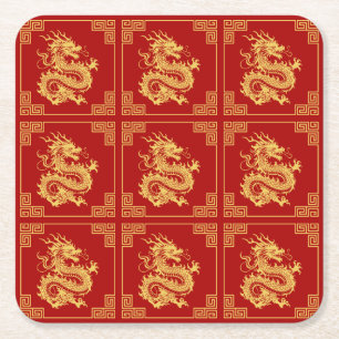 Grieche Rahmen Gold Dragon Muster Rot Rechteckiger Pappuntersetzer