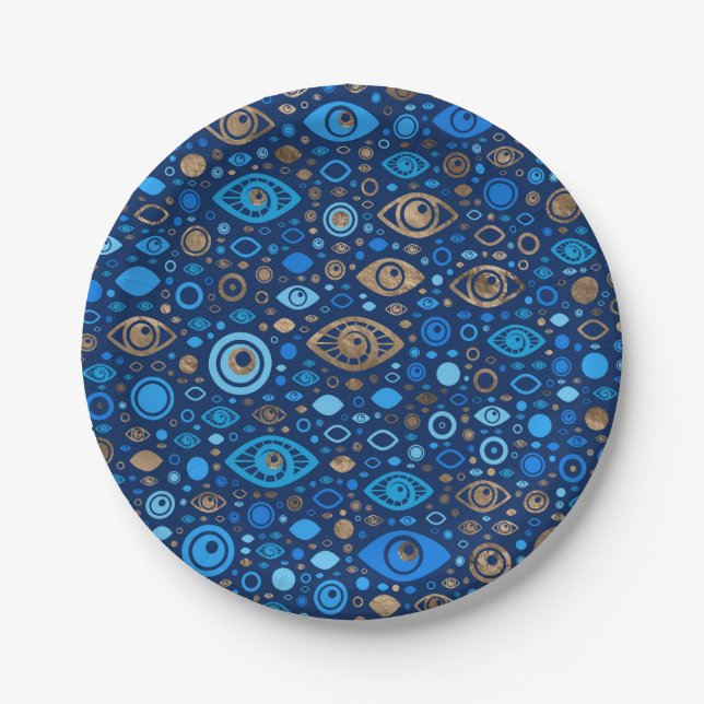 Griechen-Eye-Muster Blues und Gold Pappteller (Vorderseite)