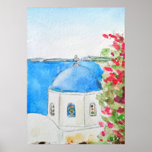 Griechenland - Blaue Kirchenfarbe und Aquarell Poster