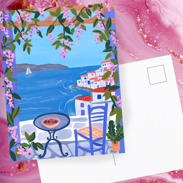 Griechenland Blick von Terrace Gouache Malerei Postkarte (Greece Views from Terrace Gouache Painting Postcard
)