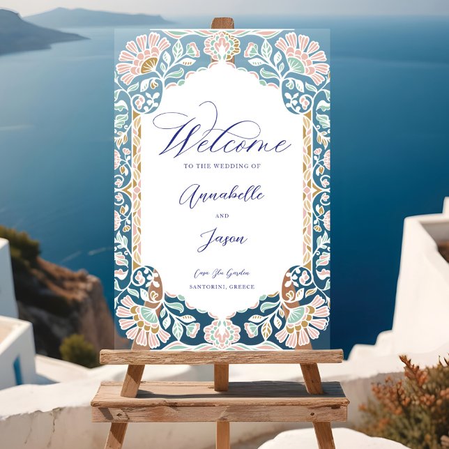 Griechenland Blue Floral Verziert Frame Wedding Wi Acrylschild (Greece Blue Floral Ornate Frame Wedding Welcome Acrylic Sign
)