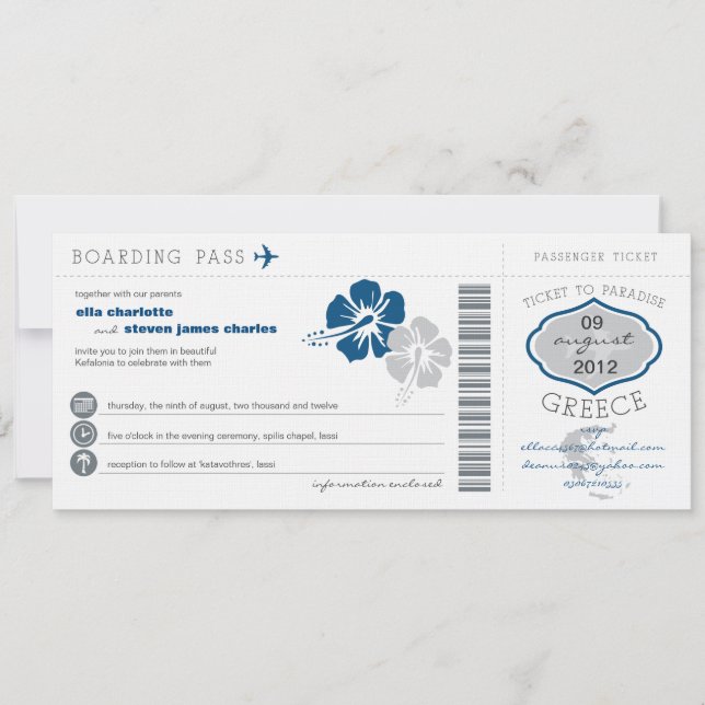 Griechenland Boarding Pass Hochzeit Einladung (Vorderseite)